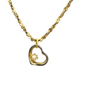 Vintage Open Heart Pendant with Pearl on Gold Tone Sparkly Chain Necklace